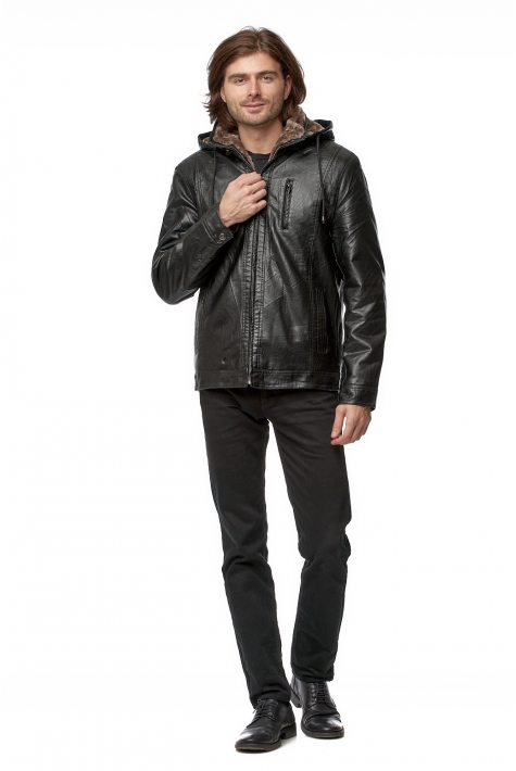 Мужская кожаная куртка из эко-кожи с капюшоном, отделка искусственный мех 8019281